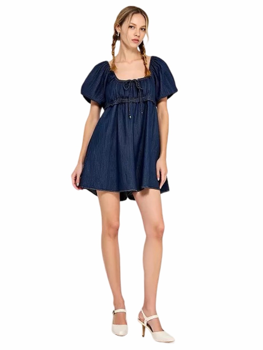 Modenaire Denim Puff-Sleeve Romper